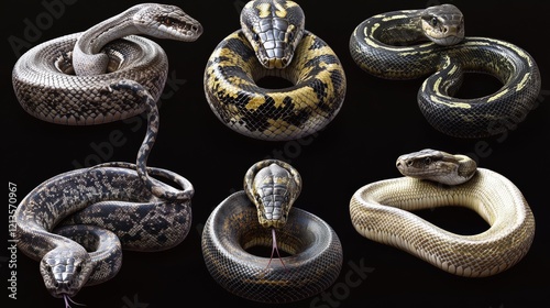 Cartoon snake species Cobra Ophiophagus hannah, California mountain kingsnake Lampropeltis zonata, Trimeresurus salazar, green tree or ball python, Komodo tree viper Trimeresurus insularis vector set photo