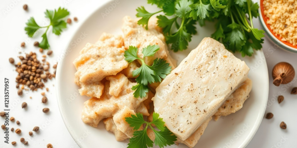 Canned tuna with parsley and peppercorn on white background, canned tuna, white background Canned tuna with parsley and peppercorn on white background, canned tuna, white background