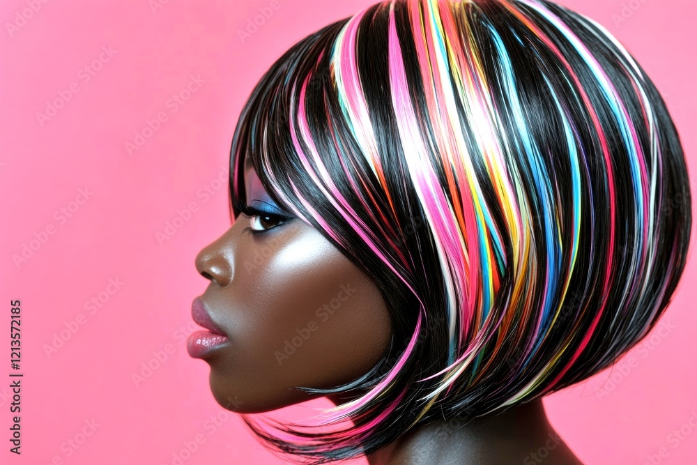 Fototapeta premium Stunning calm black girl - for ads, brochure and social networks use. Commercial commercial visual artwork. Short hairdo - multicolored hair. Black beauty model. Black girl power.