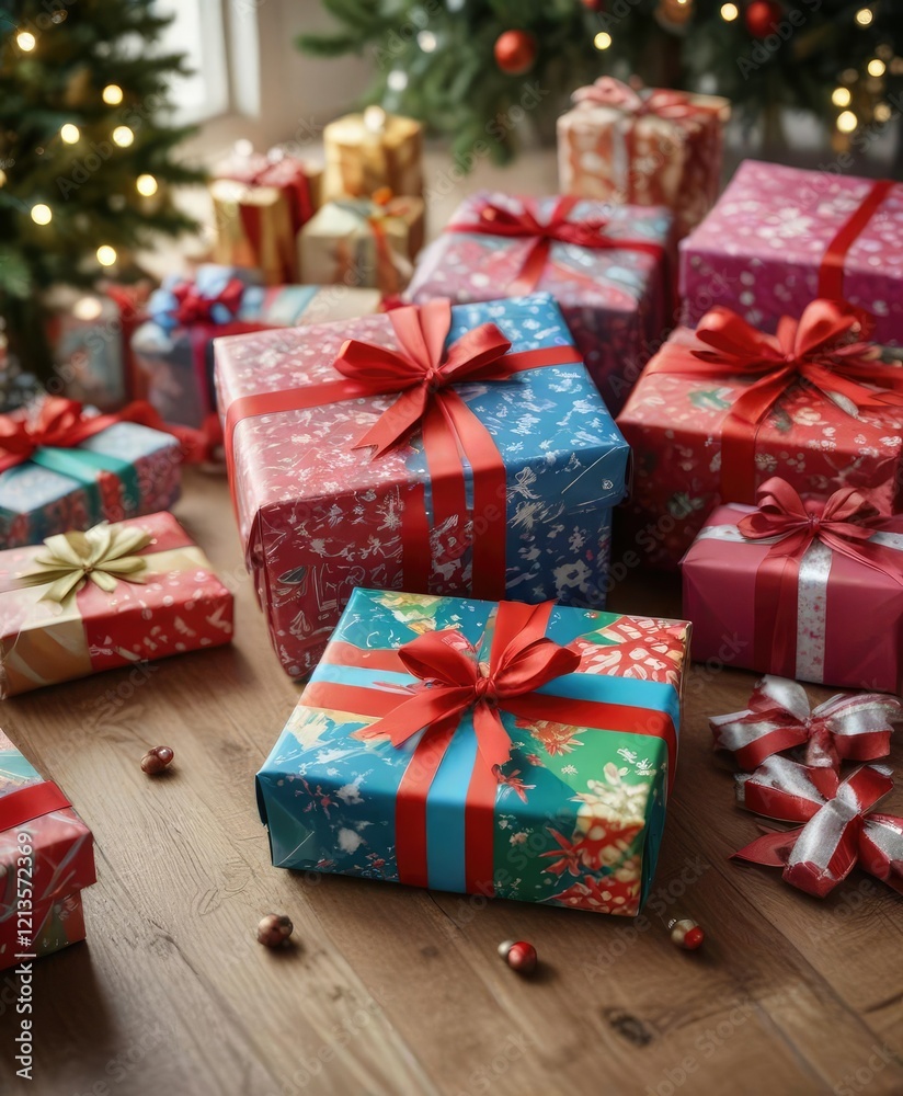 Christmas presents wrapped in colorful paper and ribbons on a table, cheerful, festive decoration, holiday gifts Christmas presents wrapped in colorful paper and ribbons on a table, cheerful, festive decoration, holiday gifts