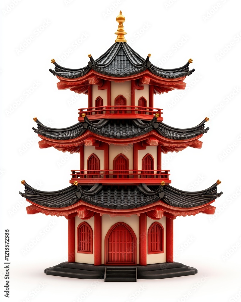 Three-Story Red and Black Pagoda in Pixel Art Style Three-Story Red and Black Pagoda in Pixel Art Style