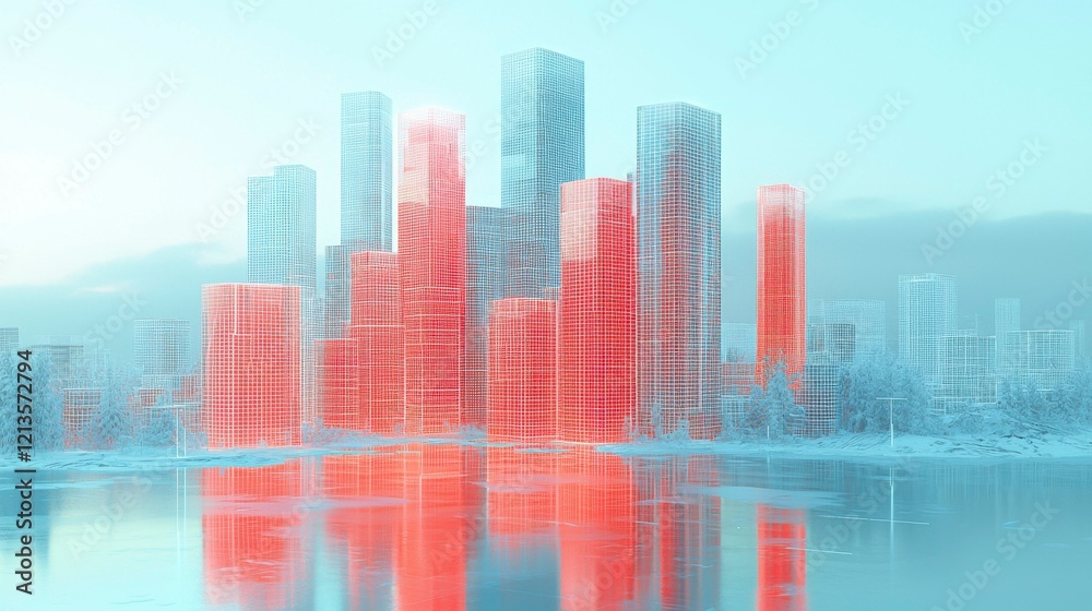 Fototapeta premium High-tech city concept with digital wireframe skyscrapers and glowing grids representing a futuristic smart city perfect for business stock visuals