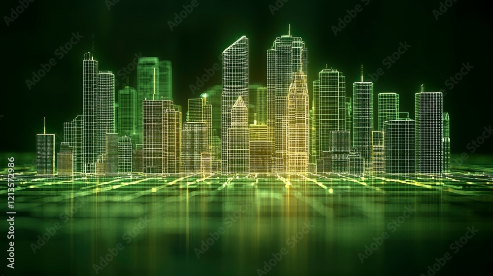 Wireframe cityscape in a futuristic style with neon-lit buildings and digital grids ideal for smart city ads tech-themed visuals and urban business designs