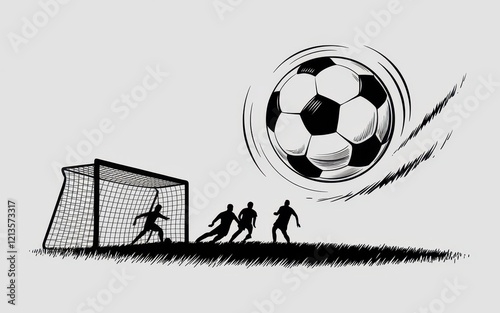 Soccer players compete for a goal during a match