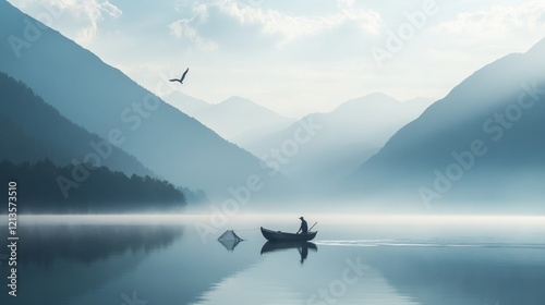 Wallpaper Mural A fisherman pulling in his net from a small wooden boat on a misty lake, surrounded by towering mountains and flying herons. Torontodigital.ca