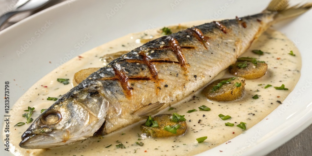 Close-up of grilled mackerel with almond sauce, culinary art, healthy eating, grilled fish, fish fillet, seafood Close-up of grilled mackerel with almond sauce, culinary art, healthy eating, grilled fish, fish fillet, seafood