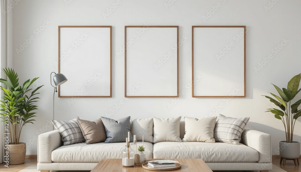 Fototapeta premium Frame Mockup on Living Room Wall, Modern Interior Design with 3D Render.