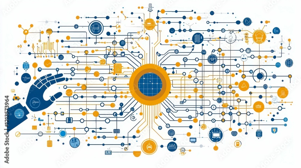 Fototapeta premium A series of monoline icons related to AI and machine learning, including symbols for neural networks, robotic hands, data processing, algorithms, and data analysis for tech illustrations.