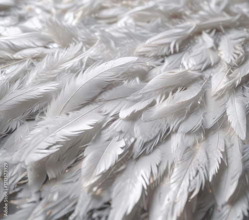 Close-up of soft white feathers on shiny surface, specular, extreme close-up, close-up, feather detail