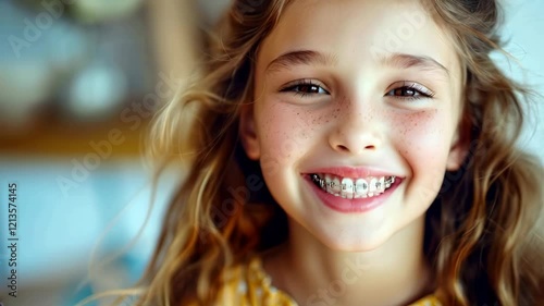 Close-up of a little girl with healthy white teeth with metal braces