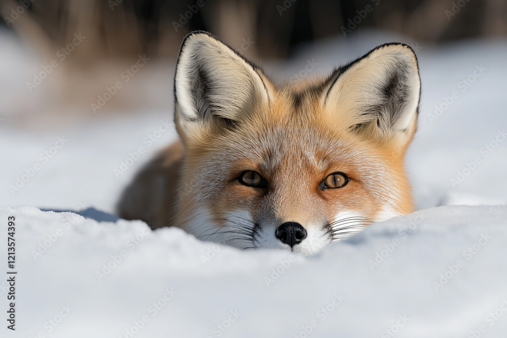 Fototapeta premium Red Fox Peeking Through Snow in Serene Winter Landscape