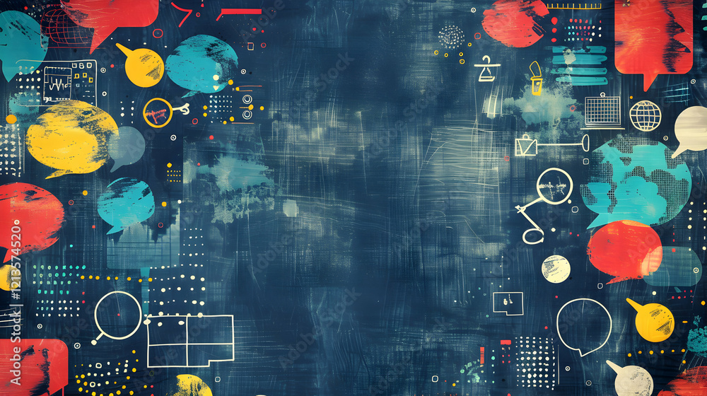 Abstract graphic design featuring colorful speech bubbles and data elements.
