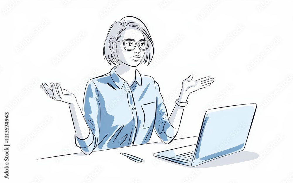Young Woman Working at Laptop Presenting Ideas Young Woman Working at Laptop Presenting Ideas