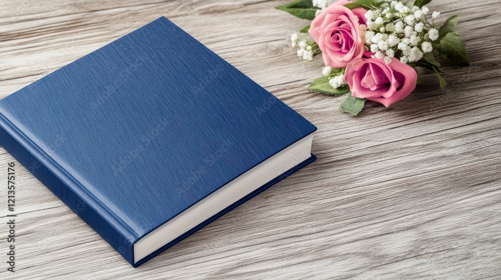 Fototapeta premium Elegant Blue Book Next to Pink Roses on a Wooden Background