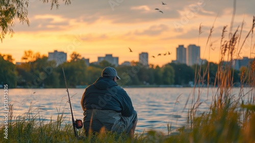 A fisherman enjoying a peaceful sunset by the lakeshore, with a gentle breeze rustling through the tall grass and distant geese flying south. 