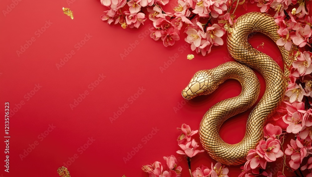 Golden snake surrounded by pink cherry blossoms on a vibrant red background, symbolizing elegance and prosperity. Perfect for Chinese New Year decorations and festive designs Golden snake surrounded by pink cherry blossoms on a vibrant red background, symbolizing elegance and prosperity. Perfect for Chinese New Year decorations and festive designs