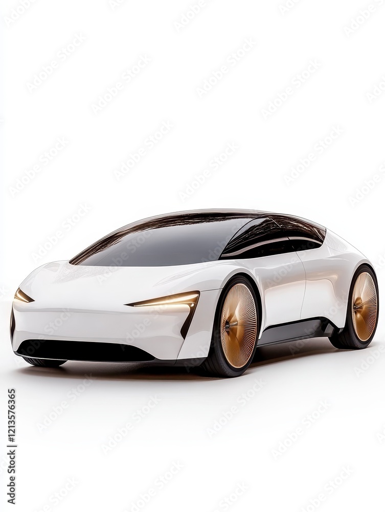 Sleek Futuristic Electric Vehicle with Gold Rims on White Background Sleek Futuristic Electric Vehicle with Gold Rims on White Background