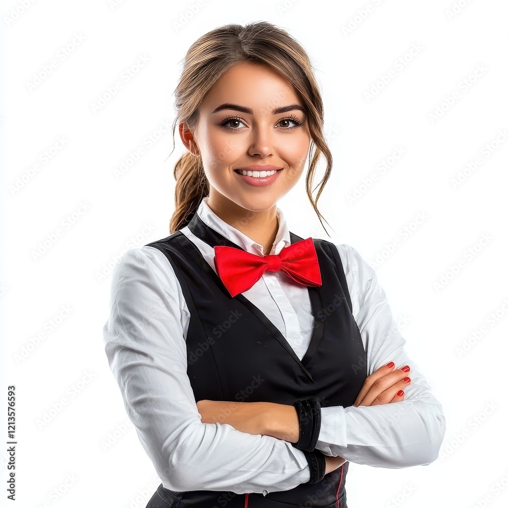 Confident Woman in Stylish Casino Uniform Posing with a Smile Confident Woman in Stylish Casino Uniform Posing with a Smile