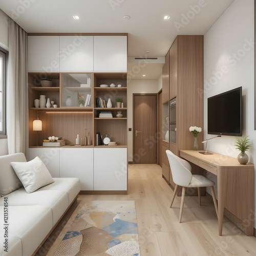 Un estudio compacto con muebles multifuncionales y soluciones de almacenamiento inteligentes
