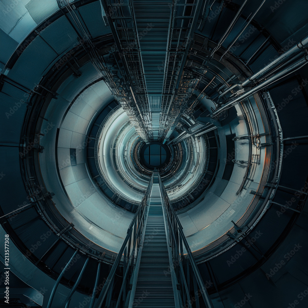 Fototapeta premium Spiral staircase at night inside a building with glowing lights, leading upward in a circular pattern, featuring metal rails and old architectural design