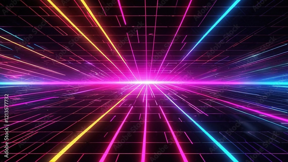 Fototapeta premium Neon grid lines converge, bright light, futuristic landscape, digital background, tech design