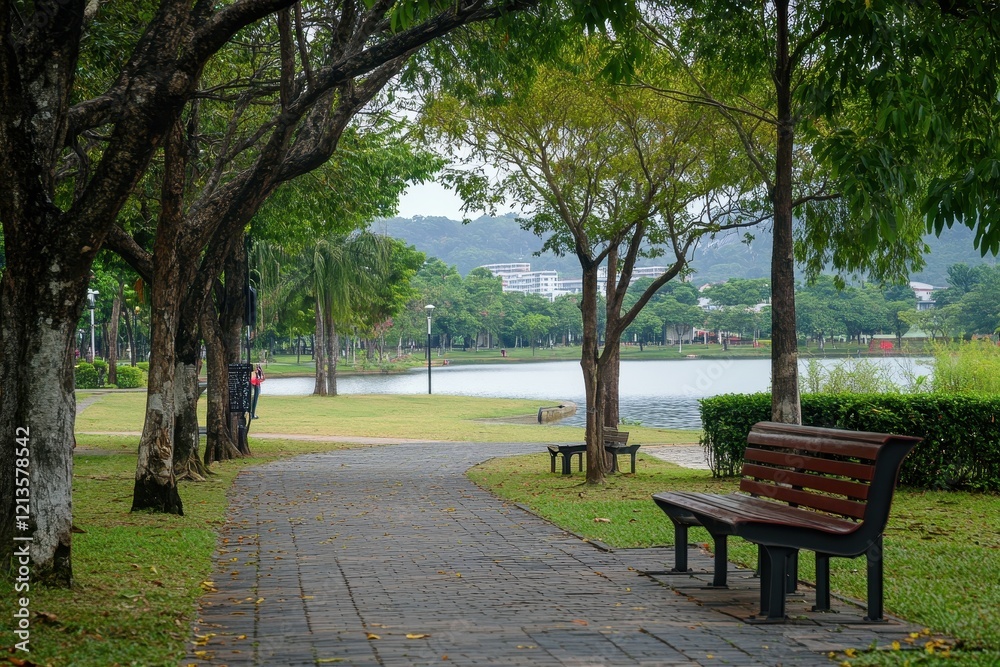 Park bench path lakeside serene landscape Park bench path lakeside serene landscape