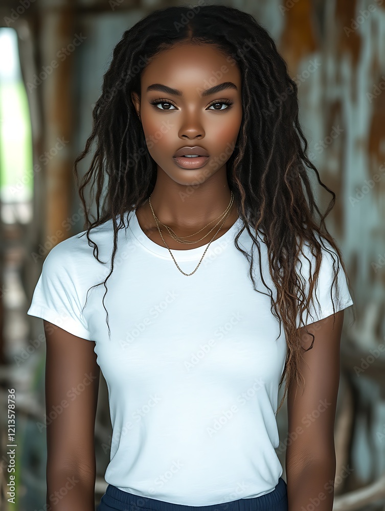 Confident young Black woman with dreadlocks wearing a white t-shirt. Confident young Black woman with dreadlocks wearing a white t-shirt.