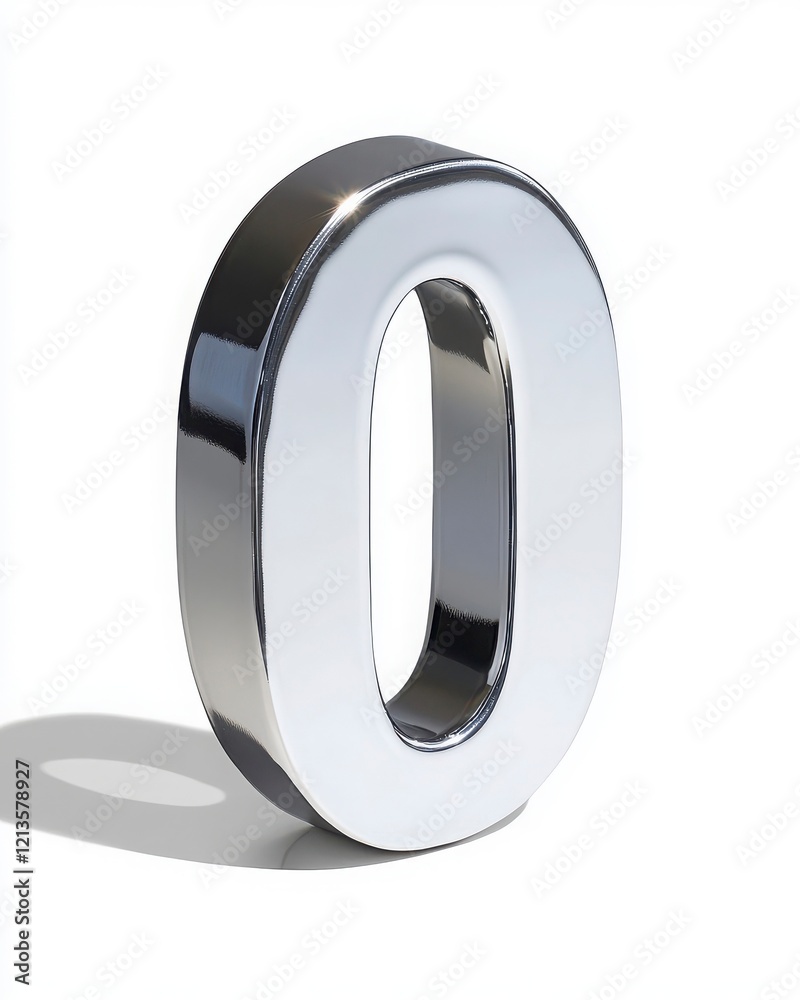 Polished Metallic Number Zero with Shadow on White Background Polished Metallic Number Zero with Shadow on White Background