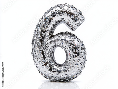 Shiny rhinestone number six with sparkling crystals on white background