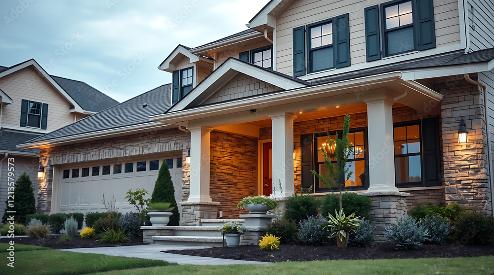 Obraz premium Luxury Home Exterior at Dusk: Modern Stone Facade, Landscaping, and Architectural Design