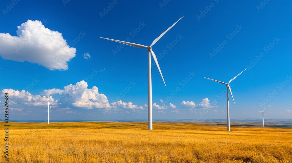 Wind turbines standing tall in a golden field under a bright blue sky with fluffy clouds Wind turbines standing tall in a golden field under a bright blue sky with fluffy clouds