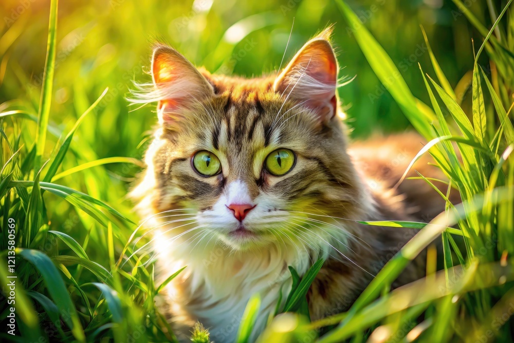 Aerial View Cute Cat Grass Meadow Summer Fluffy Kitten Outdoors Sunny Day Pet Photography