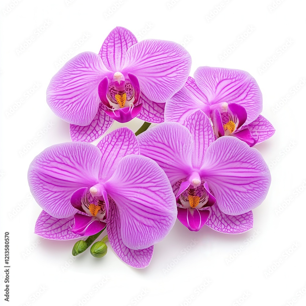 Close-up of Three Delicate Purple Orchids on White Background, Evoking Serenity and Natural Beauty Close-up of Three Delicate Purple Orchids on White Background, Evoking Serenity and Natural Beauty