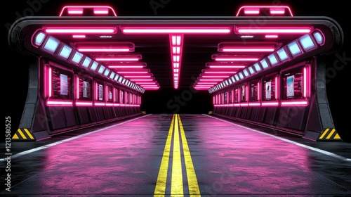 Minimalist blank product stand with neon lights in 3D rendering, creating a futuristic and eye-catching display area for products or promotional events.