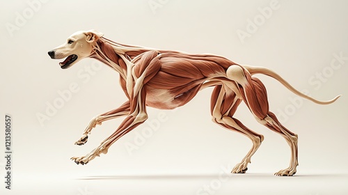 Generate an image of a dogs muscular and skeletal system, showing the strong muscles of the legs and body, and how they help in activities like running, jumping, and playing
