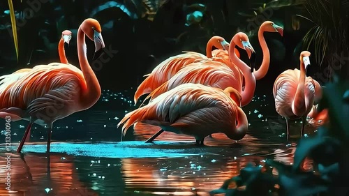 Flamingos standing in water with pink feathers in a tropical wildlife setting