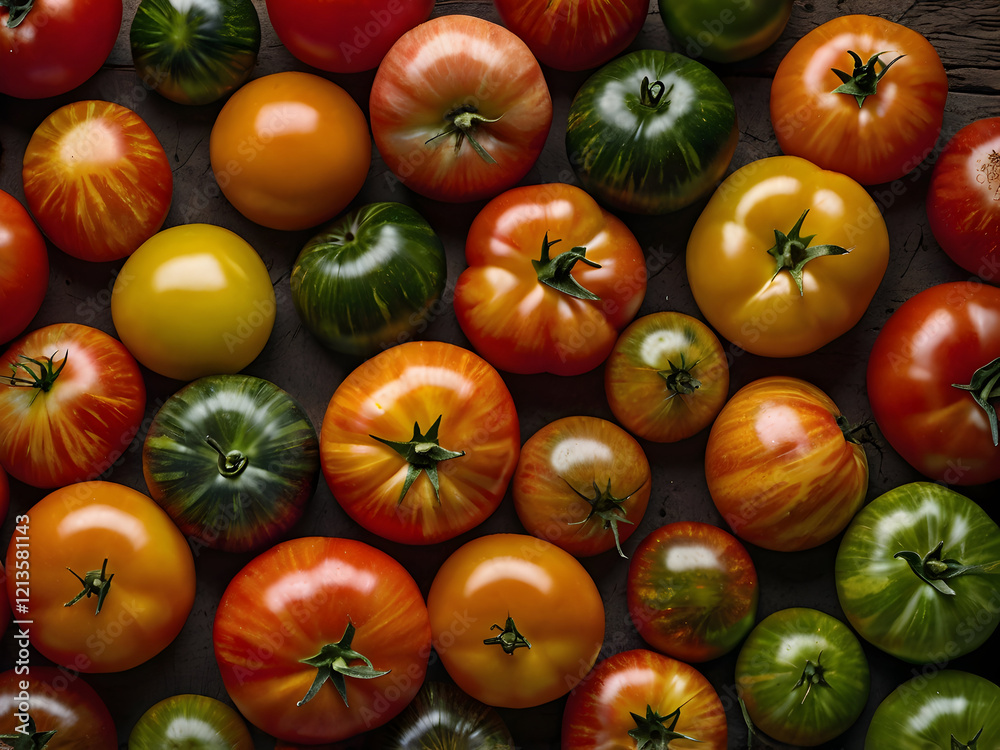 Heirloom Tomatoes Flat Lay: A top-down view of assorted heirloom tomatoes in various colors and shapes arranged artistically on a rustic background. Heirloom Tomatoes Flat Lay: A top-down view of assorted heirloom tomatoes in various colors and shapes arranged artistically on a rustic background.