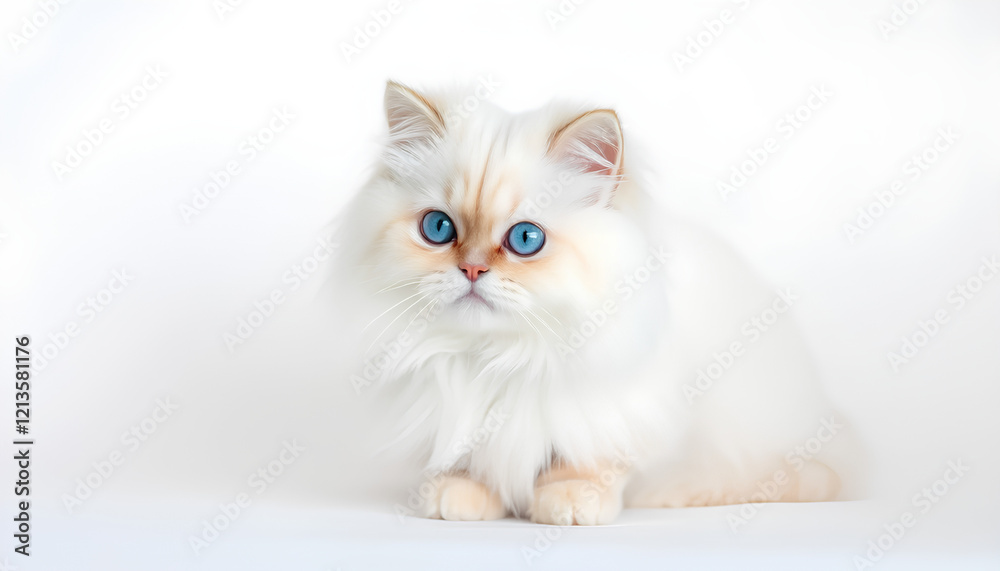A cute white Persian cat with a fluffy kitten sitting together on a white background, showcasing their adorable blue eyes