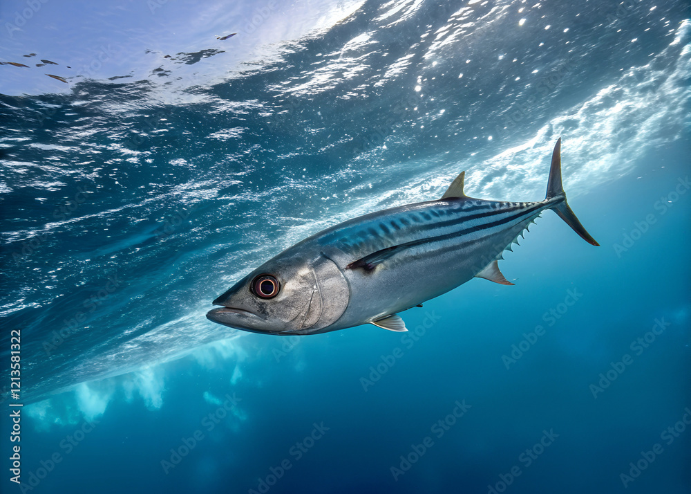 Obraz premium A small bonito with shimmering silver and dark blue stripes slicing through the waves in a hunting formation