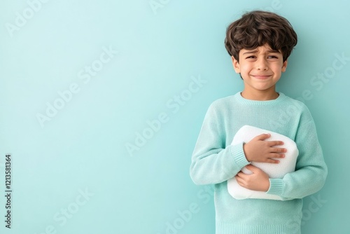 Young boy holding a tissue and another tissue with a thoughtful expression on his face