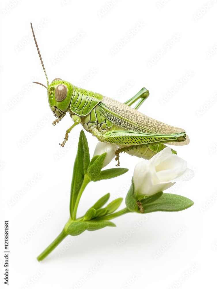 Vibrant Green Grasshopper on Delicate White Flower Close-up Macro Photography of Insect and Flora Vibrant Green Grasshopper on Delicate White Flower Close-up Macro Photography of Insect and Flora
