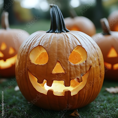 Illuminated jack-o'-lantern in autumn.