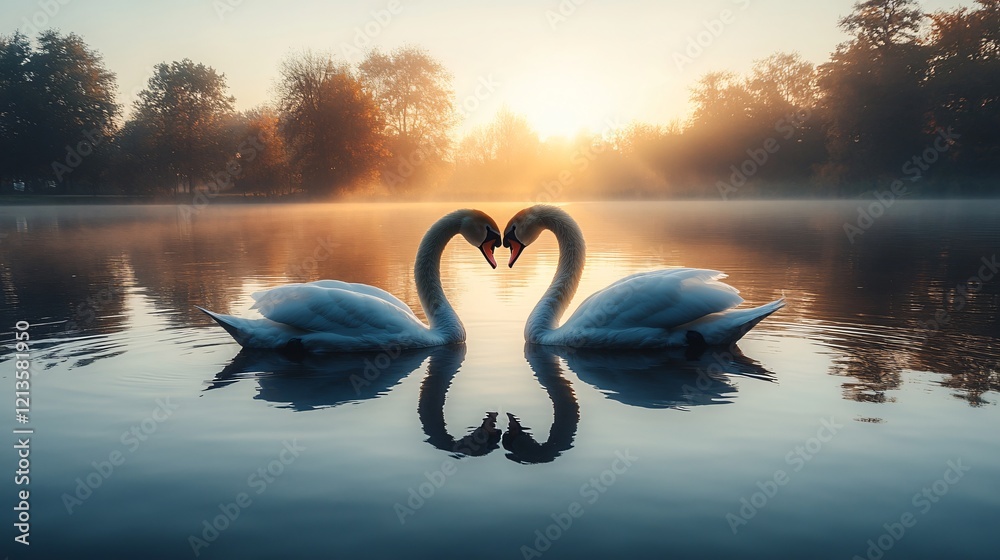 Fototapeta premium Two black swans forming a heart silhouette on a tranquil lake during a golden sunset. 