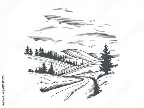 Serene Mountain Road: A Hand-Drawn Landscape