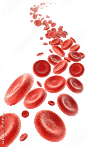 Flowing red blood cells isolated on transparent or white background, png 
