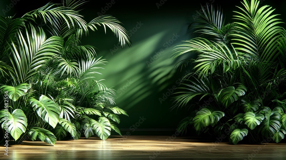 Panoramic banner mockup with a wood table, green wall background, sunlight casting leaf shadows, and a blurred plant foreground. Ideal for displaying eco-friendly products. Panoramic banner mockup with a wood table, green wall background, sunlight casting leaf shadows, and a blurred plant foreground. Ideal for displaying eco-friendly products.