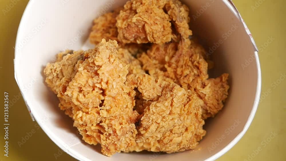 slow motion of dropping Golden and Crispy Fried Chicken Pieces in a bowl slow motion of dropping Golden and Crispy Fried Chicken Pieces in a bowl