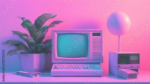 Retro computer setup, neon light, plant, 80s aesthetic, design background photo