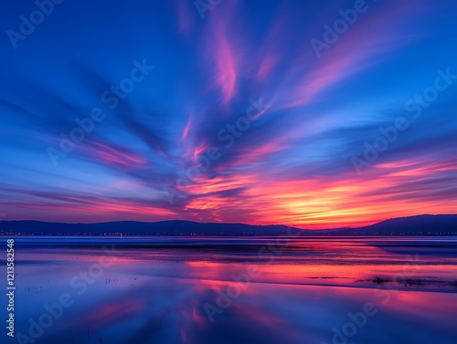 Vibrant sunset over calm lake reflecting colorful sky.