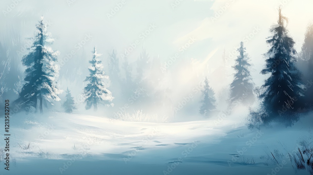Naklejka premium A landscape covered in white pine trees and soft sunlight filtering through the winter fog.